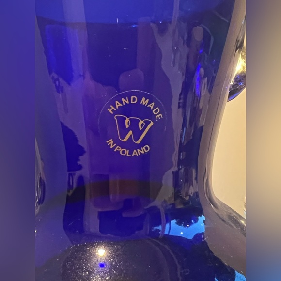 Vintage Handmade in Poland Vase by Wanda Imported. Covalt Blue, Clear Handles - Picture 6 of 8